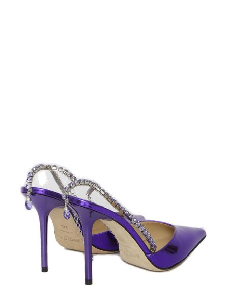 紫色金属漆皮水晶链踝带尖头高跟鞋（意大利尺码）