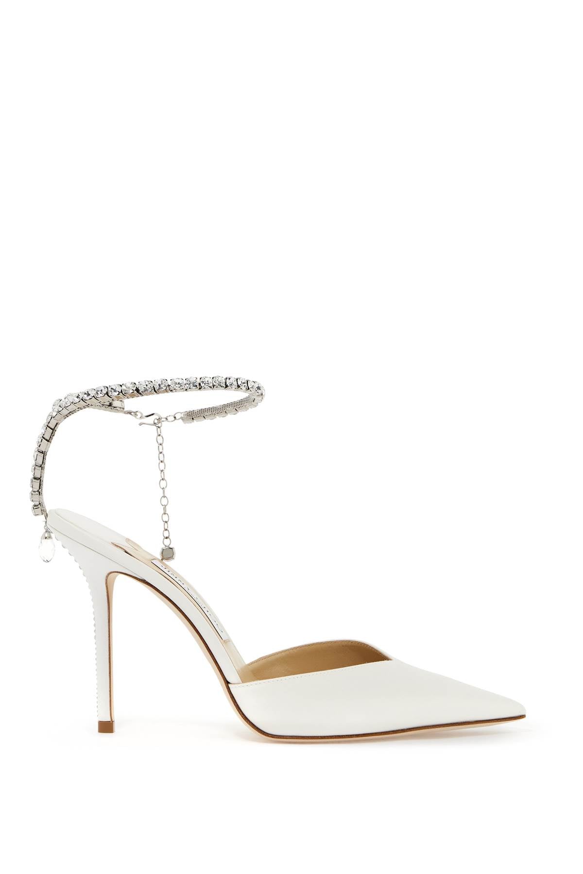 JIMMY CHOO White Satin Pumps with Crystal Ankle Strap and Rhinestone Stiletto Heel