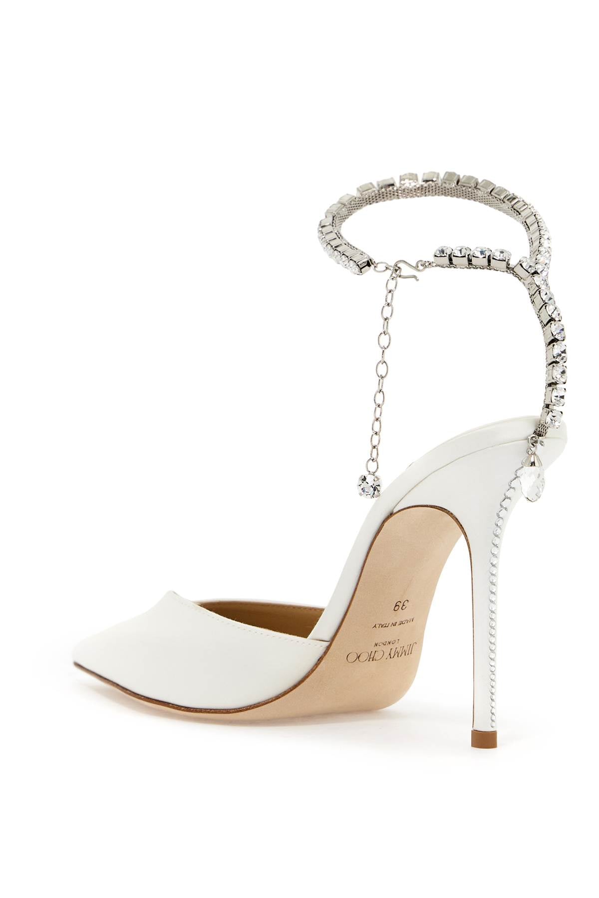 JIMMY CHOO White Satin Pumps with Crystal Ankle Strap and Rhinestone Stiletto Heel