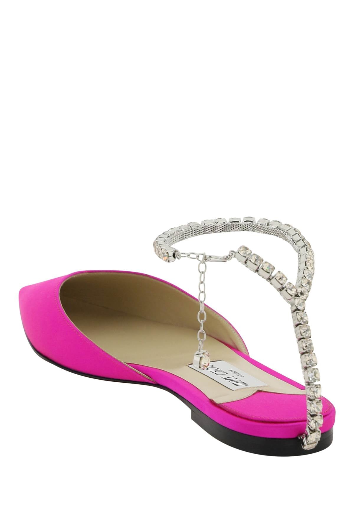 JIMMY CHOO Pink Satin Ballet Flats with Crystal Ankle Strap and Charm - FW23 Collection