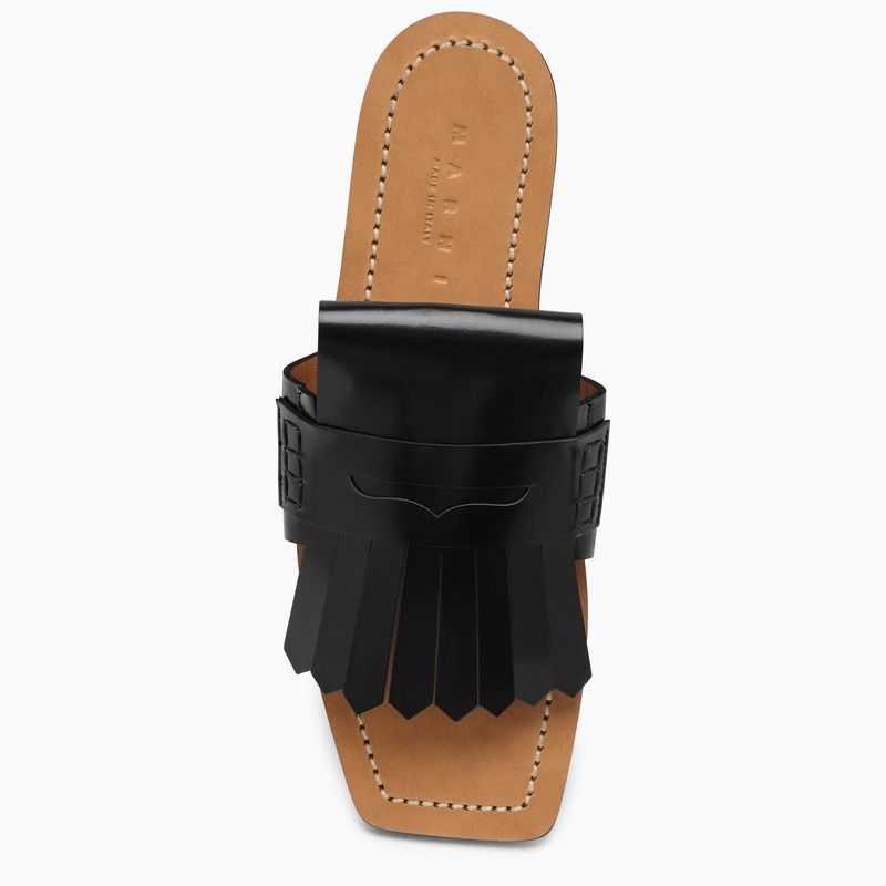 MARNI Black Leather Bambi Sandal - Square Open Toe, Maxi Folded Fringe, Leather Sole
