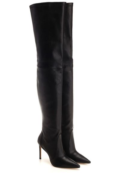 STUART WEITZMAN Black Leather Thigh-High Boots with Pointed Toe and Stiletto Heel
