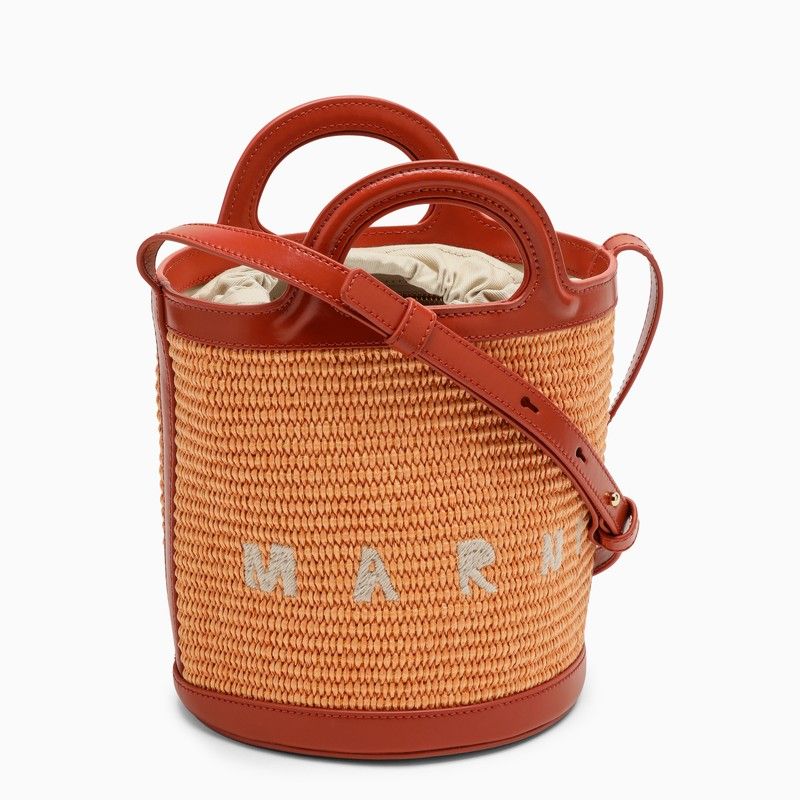 热带风情米色麻草和皮革桶形女士手提包