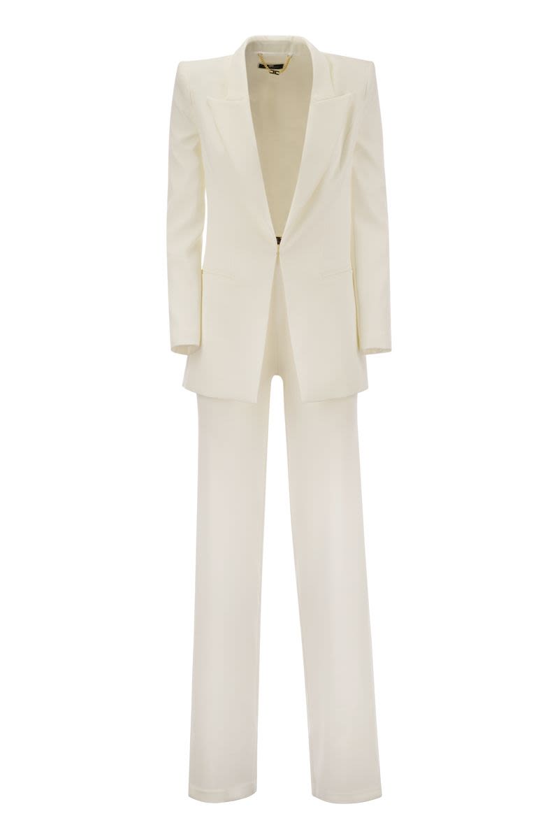 ELISABETTA FRANCHI White Crepe Jacket and Trousers Suit for Women - Flared Legs, Monogram Lining, Invisible Zip