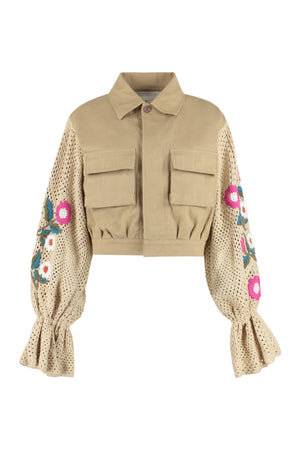 TULIZÉ Beige Embroidered Floral Cotton Jacket for Women