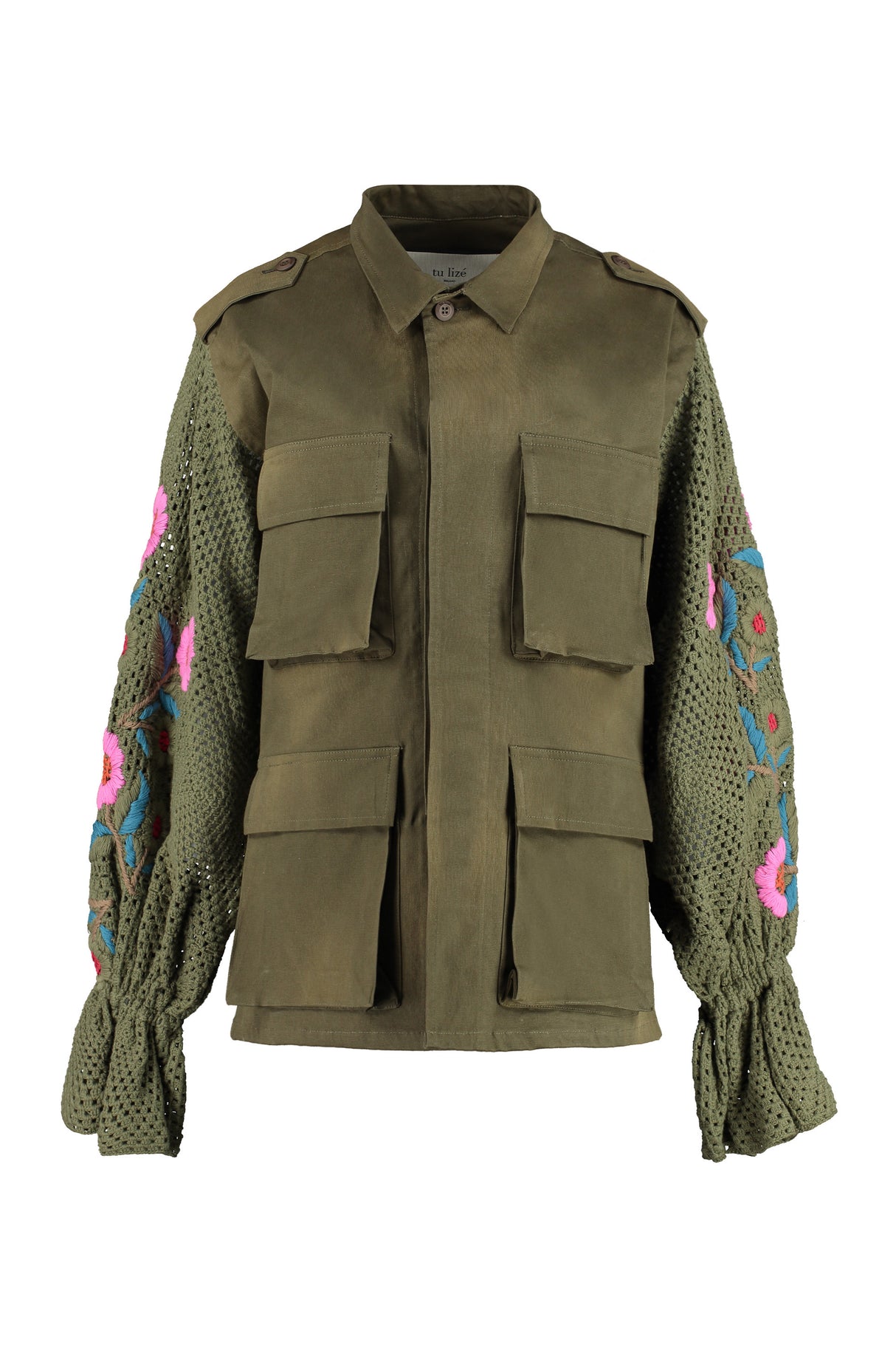 TULIZÉ Green Floral Embroidered Jacket with Knit Sleeves for Women SS23