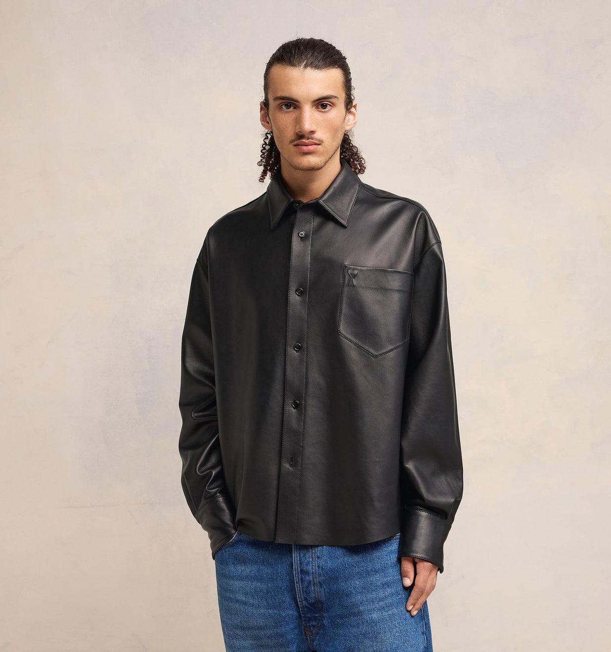 AMI PARIS Leather Overshirt with Front Pocket and Raw-Cut Hemline