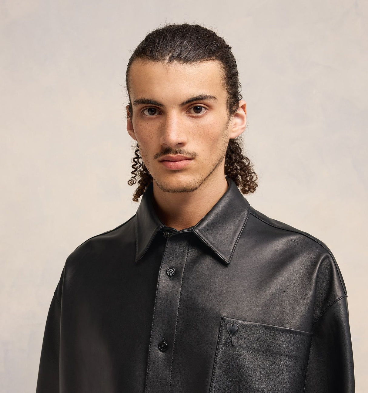 AMI PARIS Leather Overshirt with Front Pocket and Raw-Cut Hemline