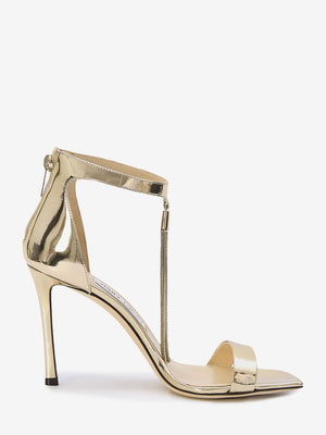 JIMMY CHOO Gold Metallic Tassel Sandals for Women with Square Toe and Stiletto Heel