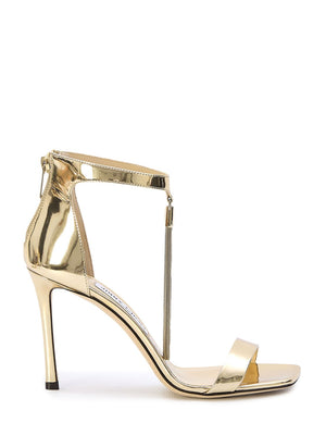 JIMMY CHOO Gold Metallic Tassel Sandals for Women with Square Toe and Stiletto Heel
