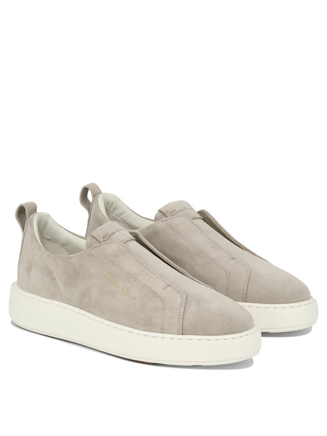 Beige Suede Slip-On Sneakers for Women with Rubber Cupsole and Pull Tab by Santoni