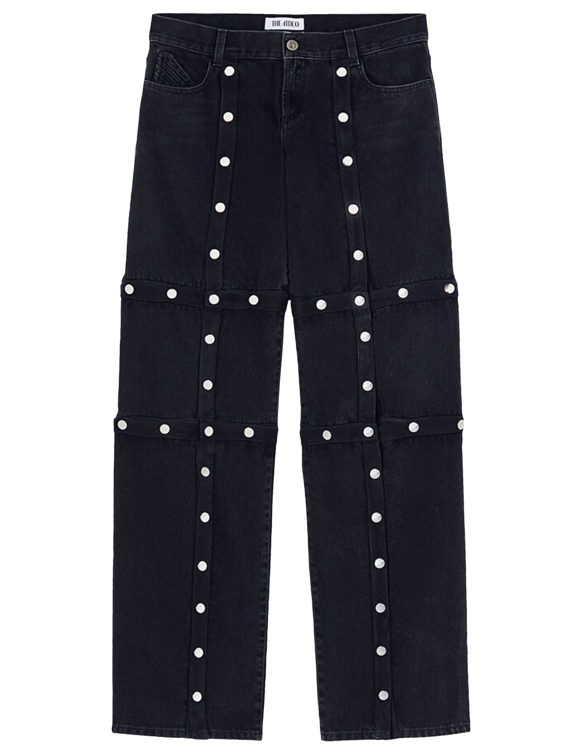 THE ATTICO Black Cotton Denim Pants with Logoed Snap Buttons for Women