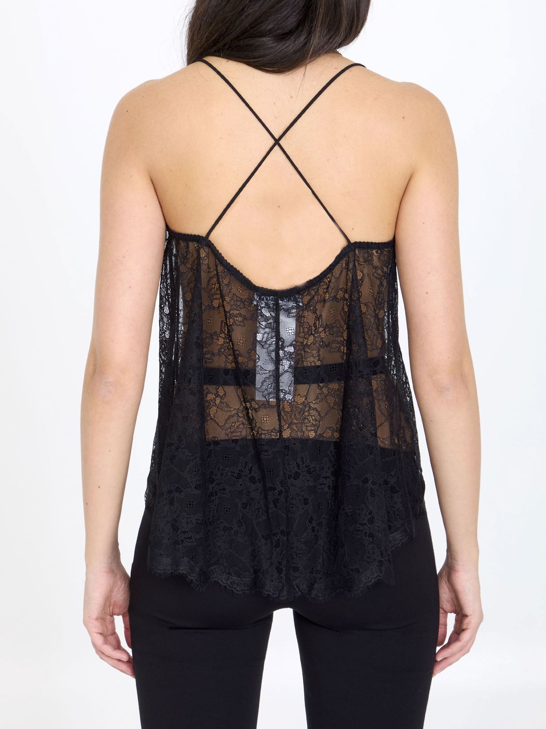 THE ATTICO Black Lace Top with Cut-Out Details, Crossover Straps and Adjustable Chain