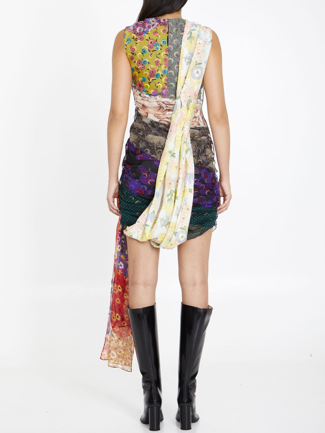 MARINE SERRE Multicolor Regenerated Silk Scarves Dress with Asymmetric Hem for Women