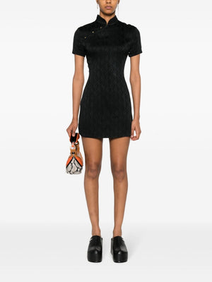 MARINE SERRE Black Jacquard Short Dress with Asymmetric Button Fastening and Contrasting Panel Detail