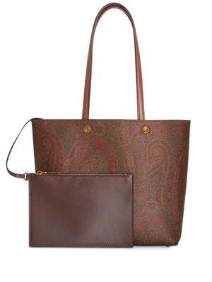 ETRO Chocolate Brown Multicolor Paisley Medium Tote with Gold-Tone Accents and Pegasus Motif