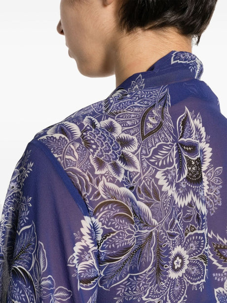 ETRO Blue Flower Print Knot Belted Silk Top for Women - SS24 Collection