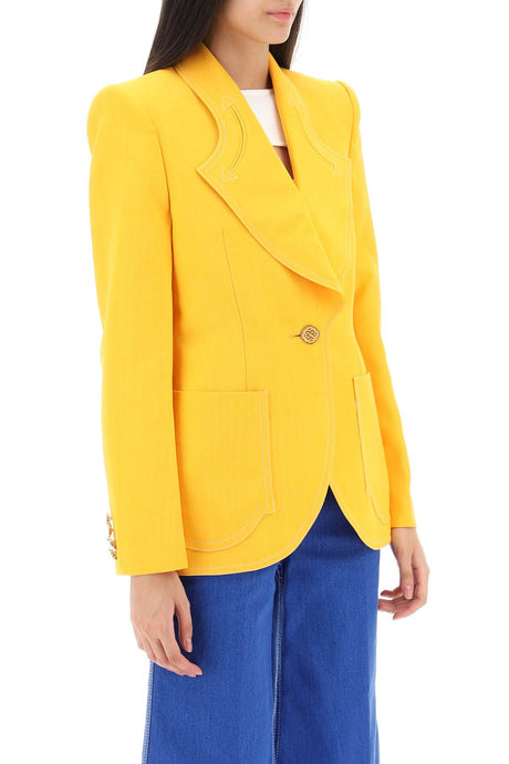 黄色丝混丝单排扣女士西装外套