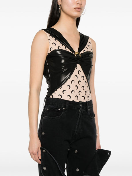 MARINE SERRE Black Draped Viscose Bodysuit with Graphic Print and Cut-Out Detailing