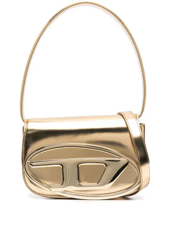 DIESEL Gold-Tone Metallic Leather Shoulder Handbag with Circular Handle