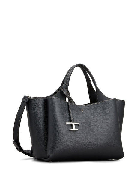 TOD'S Timeless Mini Black Leather Tote with Logo Plaque and Adjustable Strap