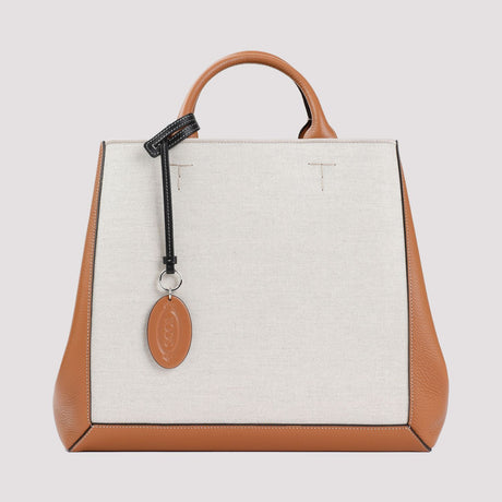 TOD'S Nude & Neutrals Women's Grained Leather and Canvas Top-Handle Tote for SS24