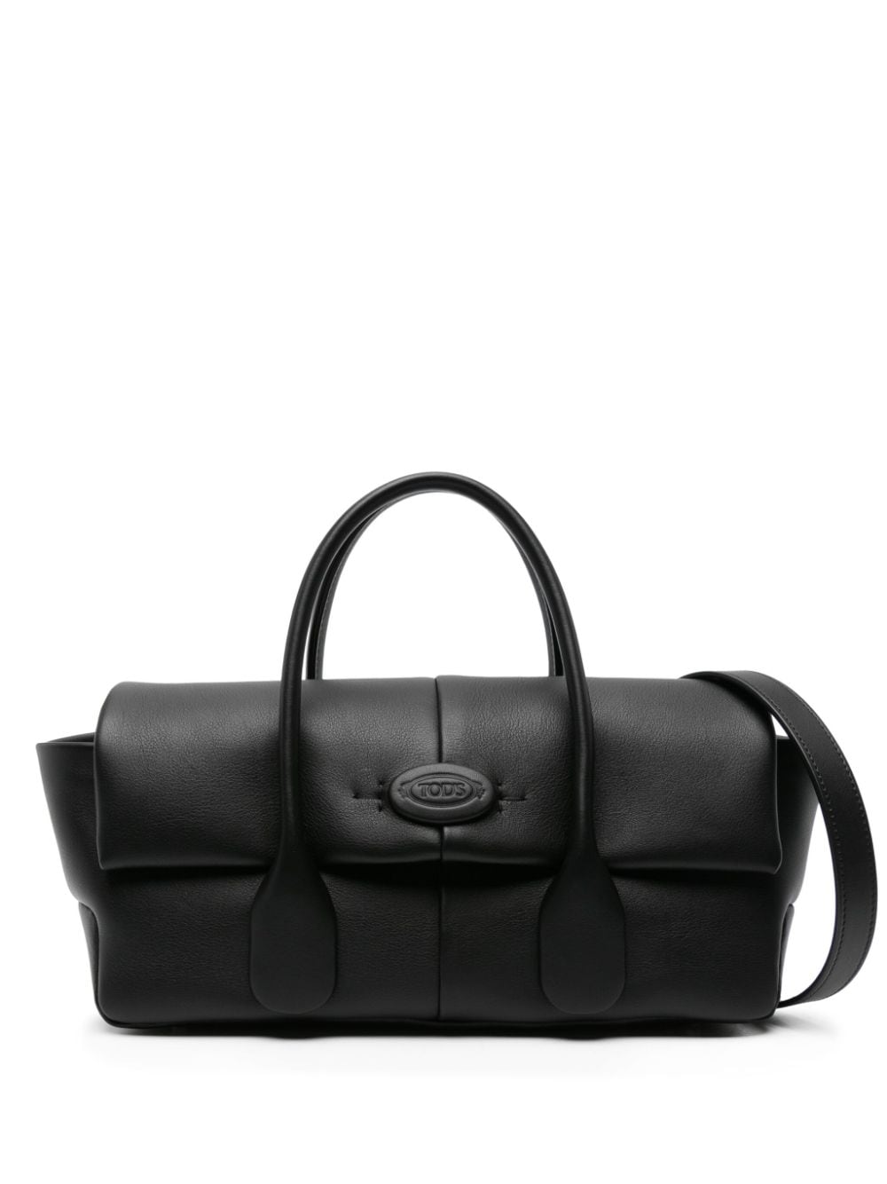 TOD'S Black Leather Logo Oval Patch Handbag for Women