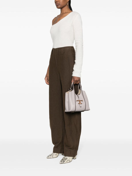 TOD'S Timeless Mini Taupe Grey Pebbled Leather Tote with Gold-Tone Accents and Detachable Strap