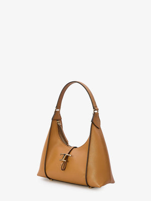TOD'S Timeless Tan Calfskin Hobo Handbag with T-Shaped Metal Charm, Small - Women’s Shoulder Bag