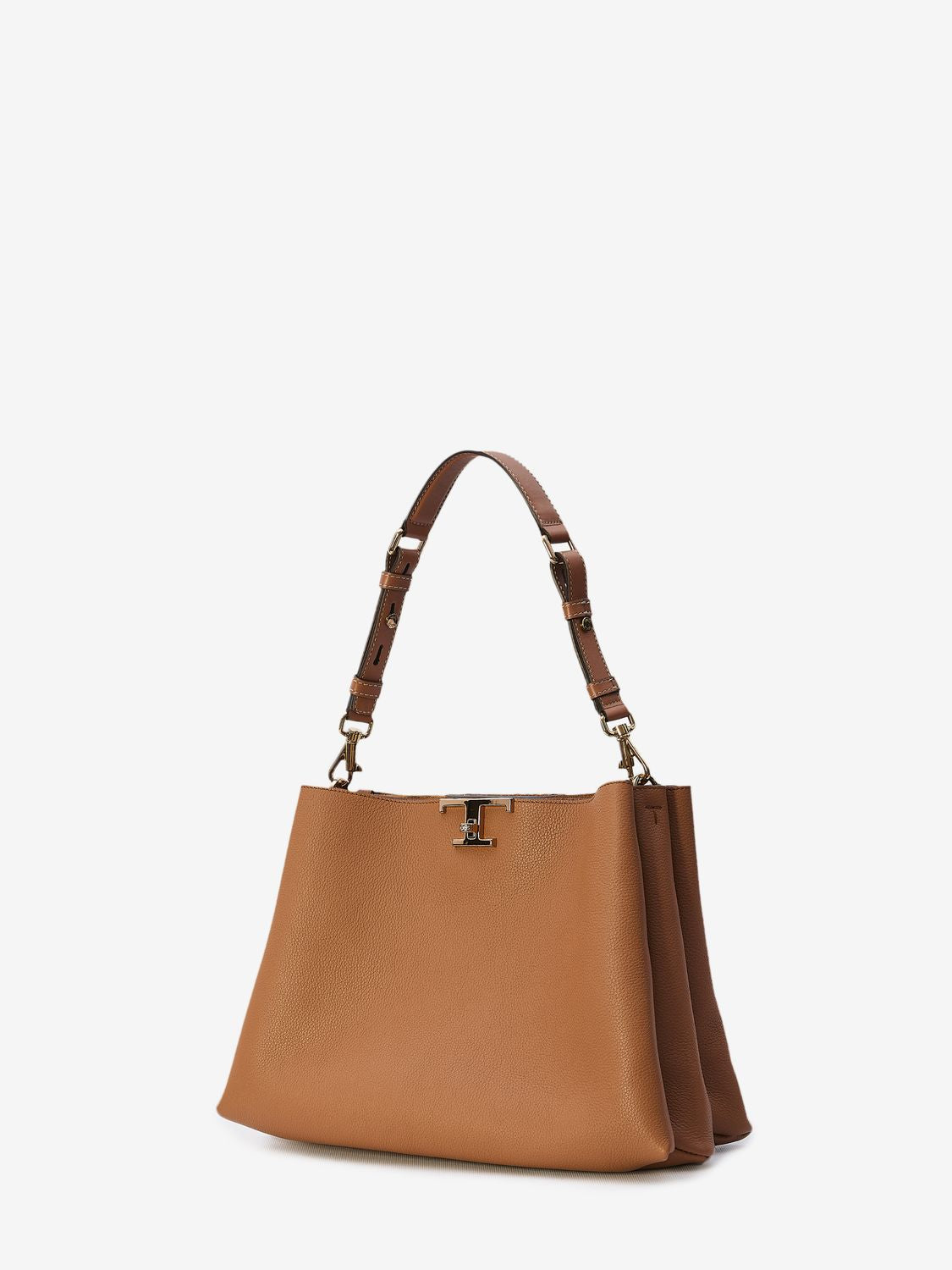 TOD'S Timeless Medium Brown Grained Calfskin Shoulder Bag with Adjustable Strap, Suede Lining, and Metal Buckle, 14x10x6 in