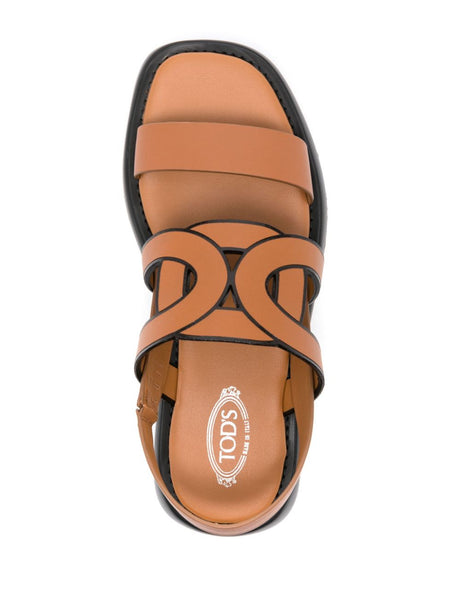 TOD'S Camel Brown Leather Square Toe Sandals for Women