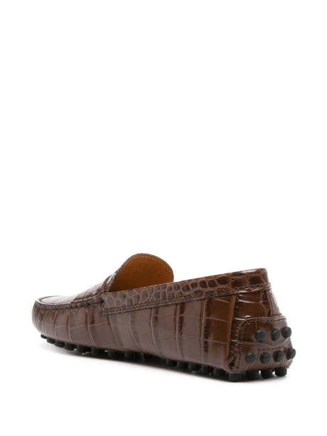 TOD'S Chocolate Brown Croc-Effect Leather Loafers