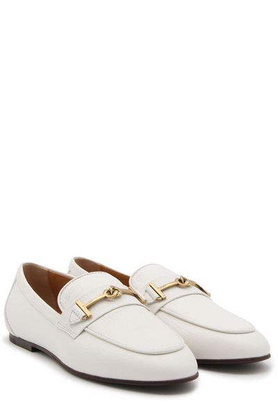 TOD'S White Leather Loafers with Metal T Ring Detail for Women