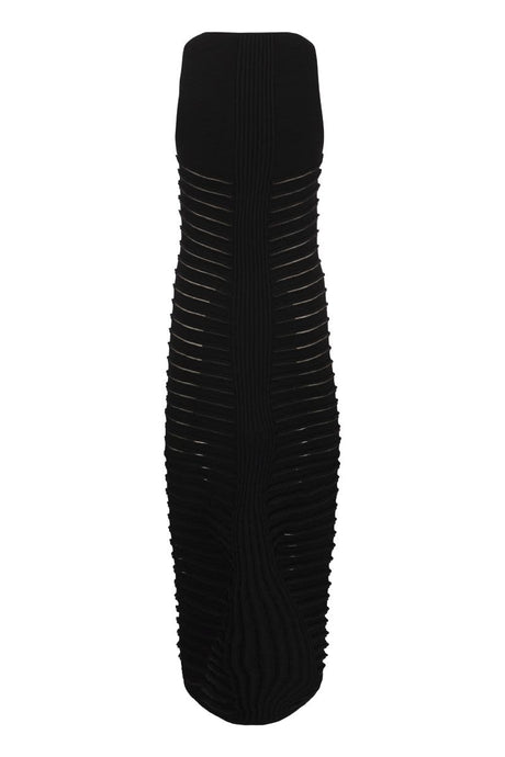 BALMAIN Sleeveless Black Midi Stretch Ribbed Knit Dress with Cut-Out Details and Zip Closure